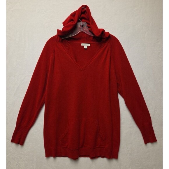 New York & Company Women Long Hooded Sweater Pullover V-Neck Sz Large Red - Picture 1 of 9